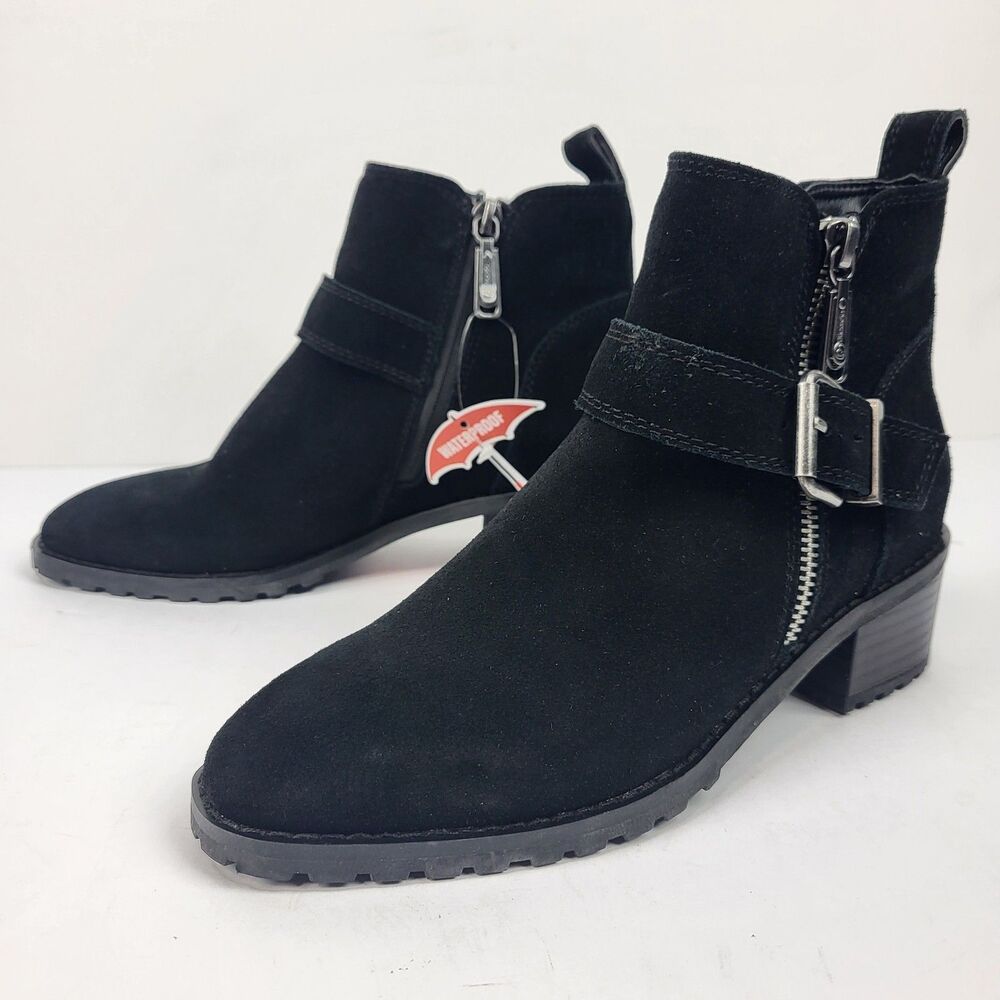 Blondo Women Susan Zip Buckle Waterproof Suede Bootie Side Zip Black Size 5.5M